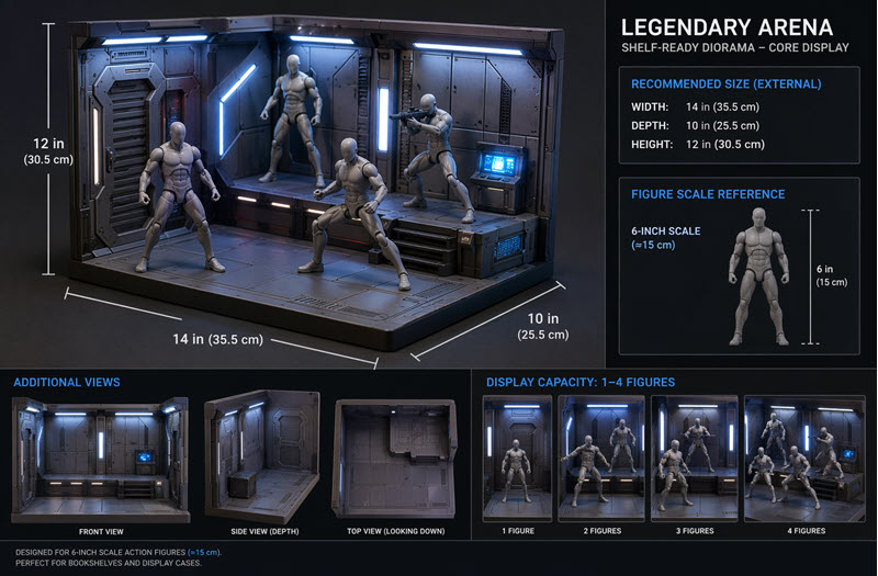 Legendary Arena shelf-ready diorama — a high-tech sci-fi display room with blue LED lighting, sized 14 by 10 by 12 inches, holding one to four 6-inch figures, shown with side and top views.